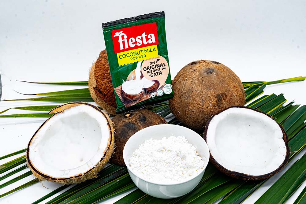 Overhead product shot of Axelum Fiesta Coconut Milk Powder retail pouch paired with fresh coconuts and palm leaves for a tropical feel.